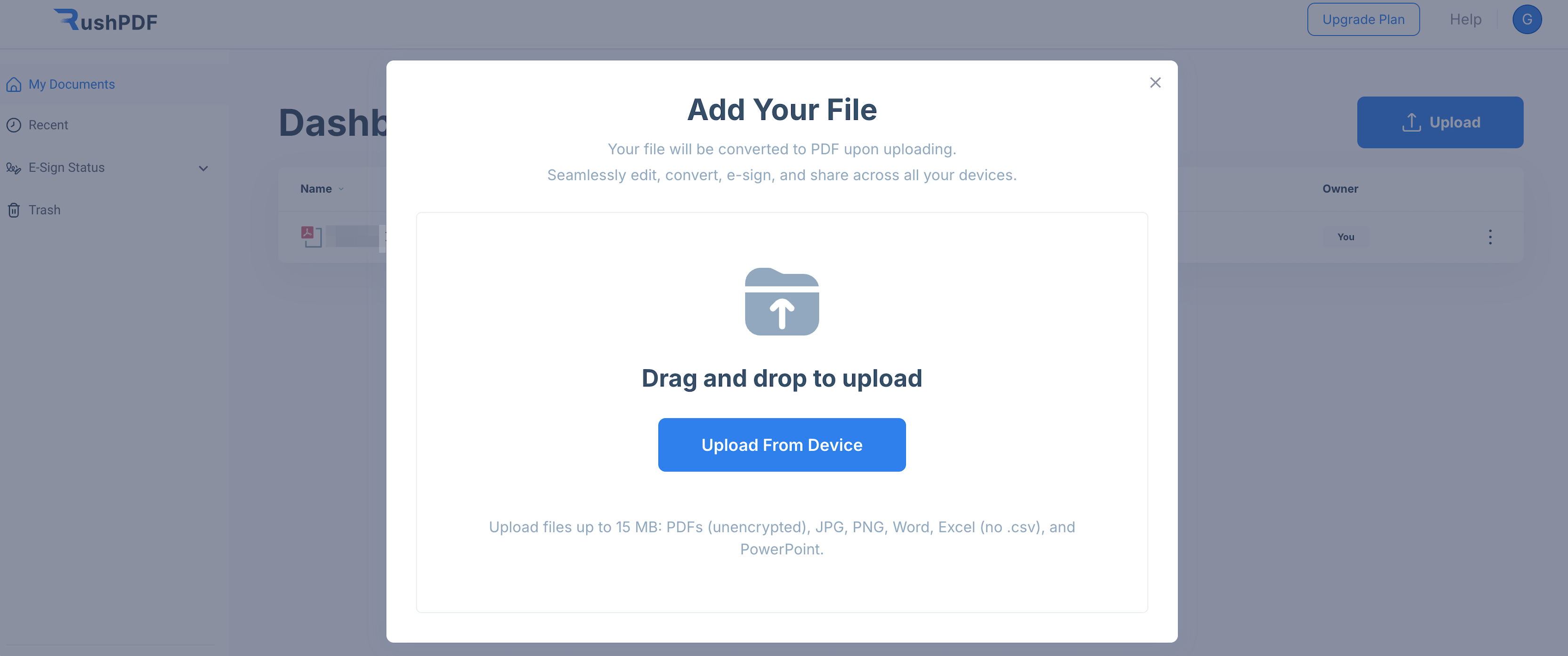 pop up titled 'Add your file' allowing users to upload ppt documents to convert into pdf