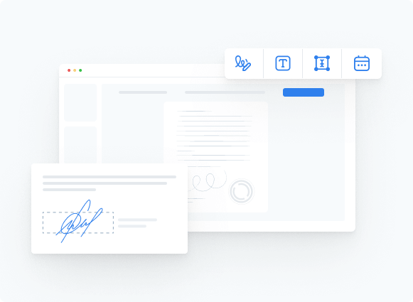 PDF editing tool showing options to electronically sign, add text, resize elements, and insert dates on a document