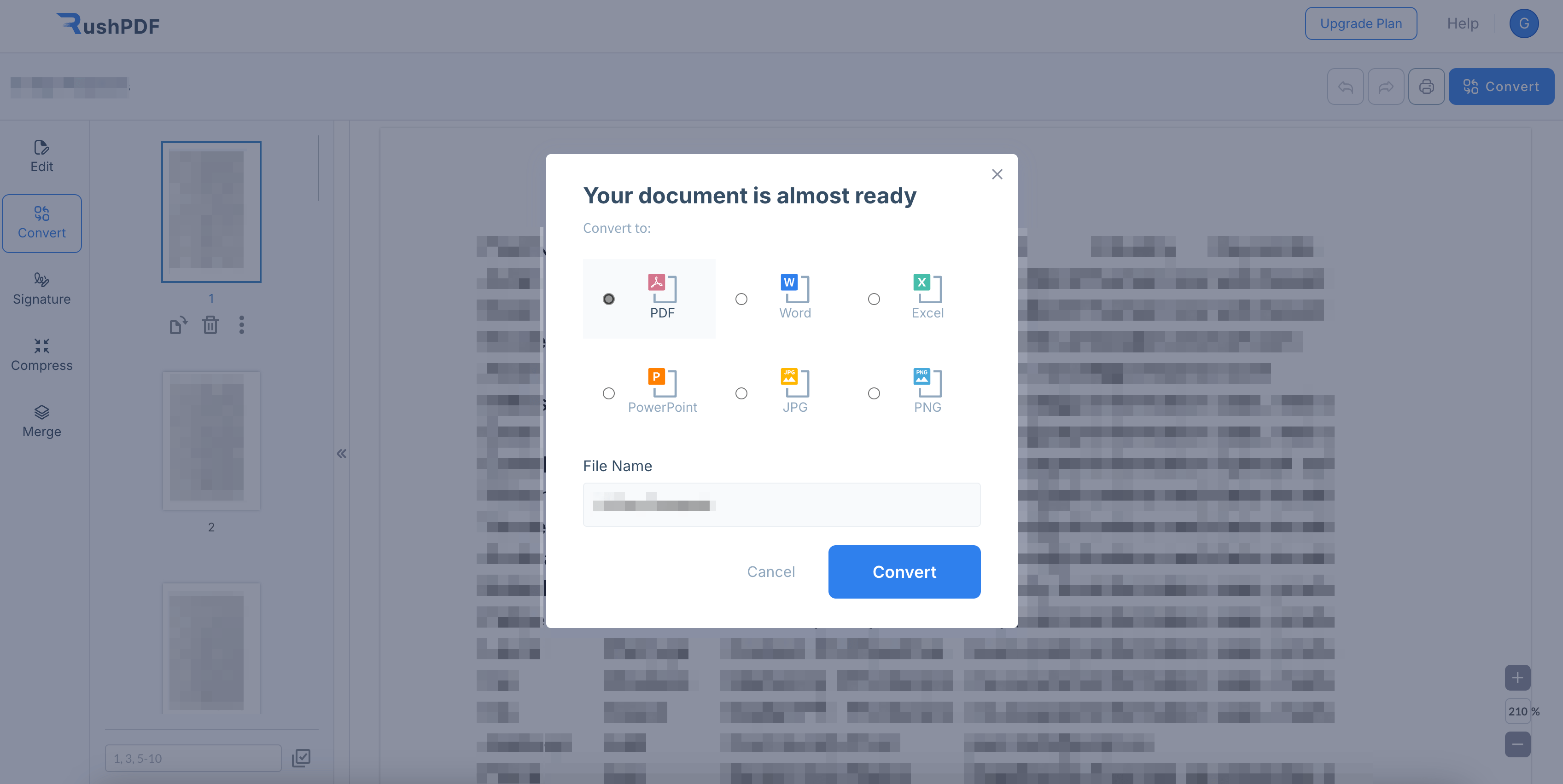 pop up titled "Your document is almost ready" allowing users to choose the format in which they want to convert the document