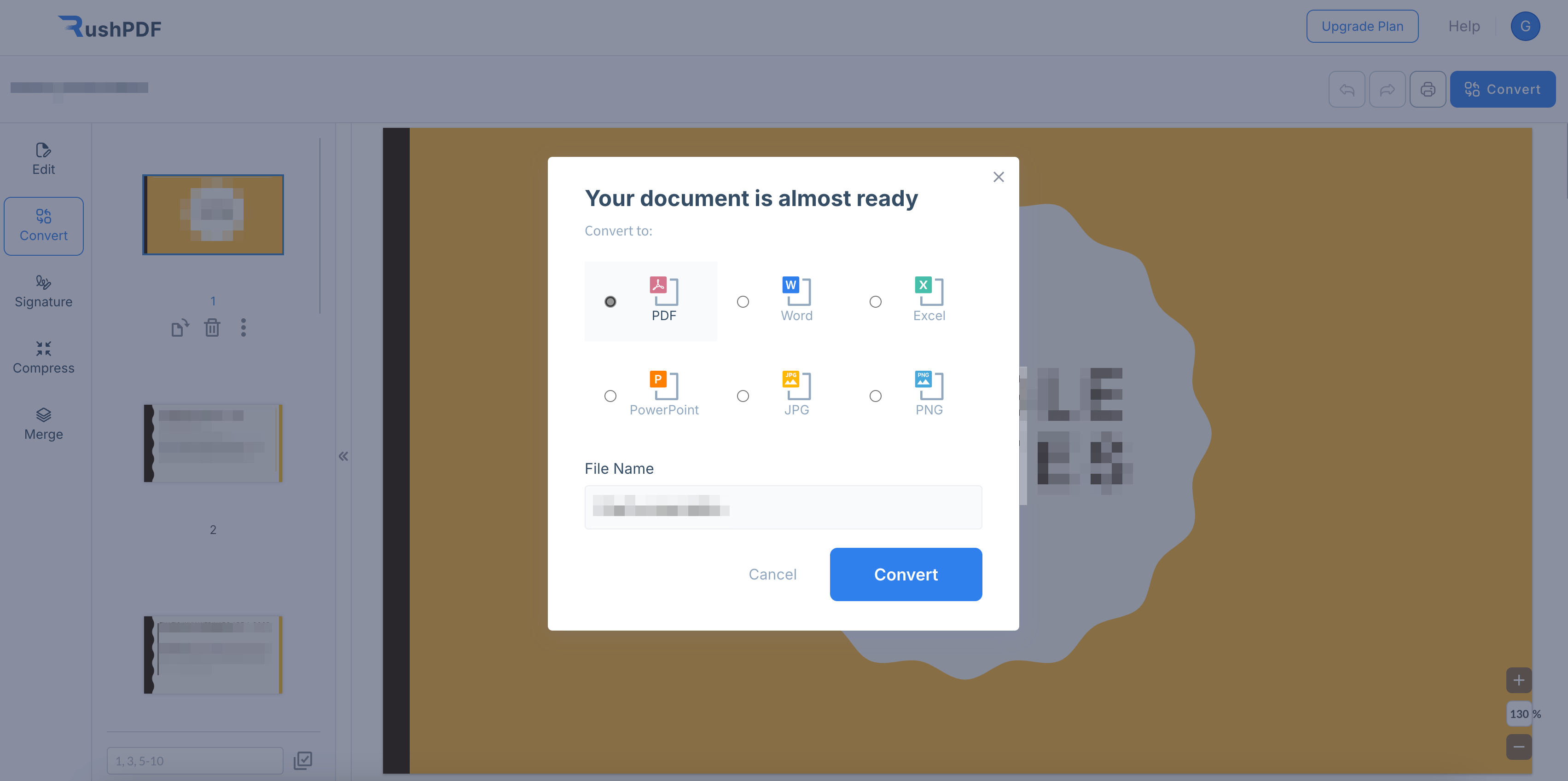 pop up titled "Your document is almost ready" allowing users to choose the format in which they want to convert the document